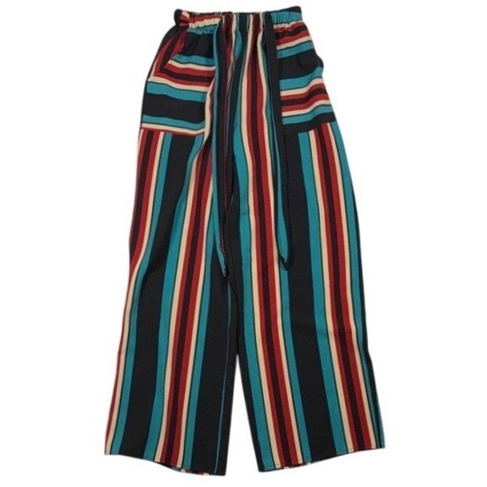 Fashion Nova Pants Womens S Wide Leg Multi-Color Striped Elastic Waist Tie Belt